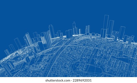 3d city sphere. Vector rendering of 3d. Wire-frame style. The layers of visible and invisible lines are separated