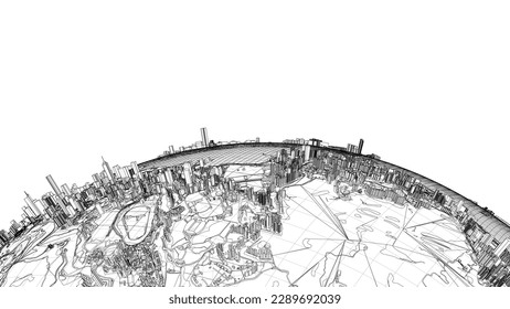 3d city sphere. Vector rendering of 3d. Wire-frame style. The layers of visible and invisible lines are separated