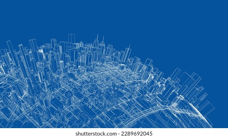 3d city sphere. Vector rendering of 3d. Wire-frame style. The layers of visible and invisible lines are separated