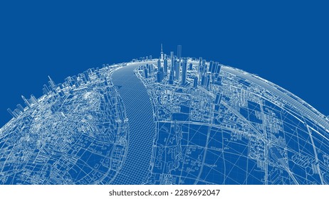 3d city sphere. Vector rendering of 3d. Wire-frame style. The layers of visible and invisible lines are separated