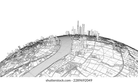 3d city sphere. Vector rendering of 3d. Wire-frame style. The layers of visible and invisible lines are separated