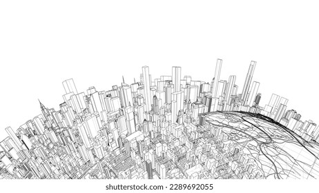 3d city sphere. Vector rendering of 3d. Wire-frame style. The layers of visible and invisible lines are separated