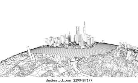 3d city sphere. Vector rendering of 3d. Wire-frame style. The layers of visible and invisible lines are separated