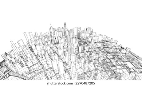 3d city sphere. Vector rendering of 3d. Wire-frame style. The layers of visible and invisible lines are separated