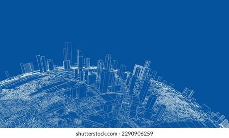 3d city sphere. Vector rendering of 3d. Wire-frame style. The layers of visible and invisible lines are separated