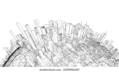 3d city sphere. Vector rendering of 3d. Wire-frame style. The layers of visible and invisible lines are separated