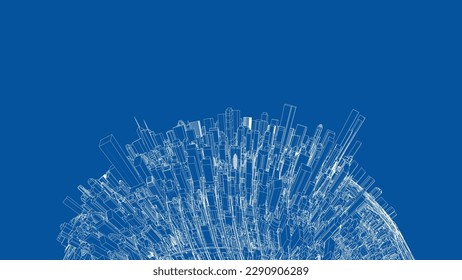 3d city sphere. Vector rendering of 3d. Wire-frame style. The layers of visible and invisible lines are separated