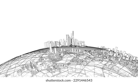 3d city sphere. Vector rendering of 3d. Wire-frame style. The layers of visible and invisible lines are separated
