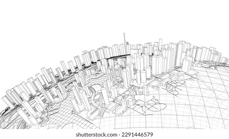 3d city sphere. Vector rendering of 3d. Wire-frame style. The layers of visible and invisible lines are separated