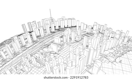 3d city sphere. Vector rendering of 3d. Wire-frame style. The layers of visible and invisible lines are separated