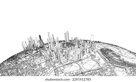 3d city sphere. Vector rendering of 3d. Wire-frame style. The layers of visible and invisible lines are separated