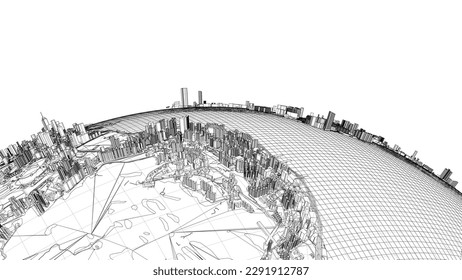 3d city sphere. Vector rendering of 3d. Wire-frame style. The layers of visible and invisible lines are separated