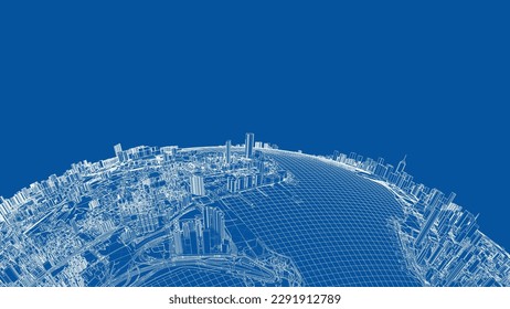 3d city sphere. Vector rendering of 3d. Wire-frame style. The layers of visible and invisible lines are separated