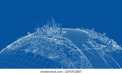 3d city sphere. Vector rendering of 3d. Wire-frame style. The layers of visible and invisible lines are separated