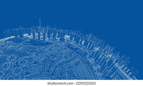 3d city sphere. Vector rendering of 3d. Wire-frame style. The layers of visible and invisible lines are separated