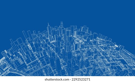 3d city sphere. Vector rendering of 3d. Wire-frame style. The layers of visible and invisible lines are separated