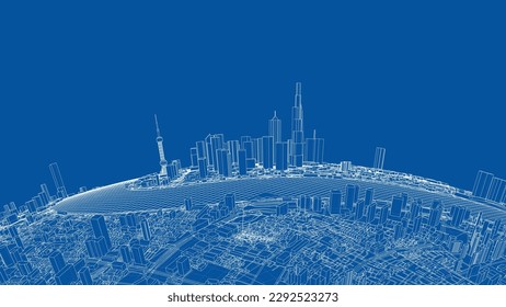 3d city sphere. Vector rendering of 3d. Wire-frame style. The layers of visible and invisible lines are separated