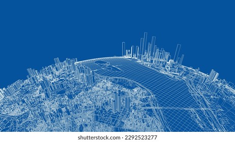 3d Stadtsphäre. Vektorgrafik von 3d. Wire-Frame-Stil. Die Schichten sichtbarer und unsichtbarer Linien sind getrennt