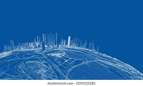 3d city sphere. Vector rendering of 3d. Wire-frame style. The layers of visible and invisible lines are separated