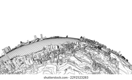 3d city sphere. Vector rendering of 3d. Wire-frame style. The layers of visible and invisible lines are separated