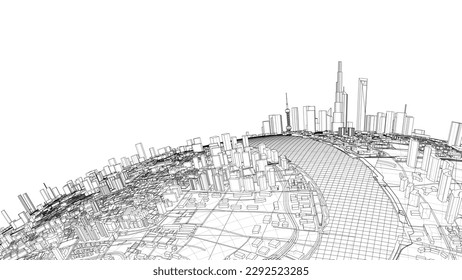 3d city sphere. Vector rendering of 3d. Wire-frame style. The layers of visible and invisible lines are separated