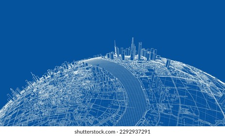 3d city sphere. Vector rendering of 3d. Wire-frame style. The layers of visible and invisible lines are separated