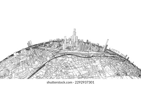 3d city sphere. Vector rendering of 3d. Wire-frame style. The layers of visible and invisible lines are separated