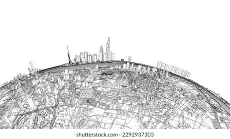 3d city sphere. Vector rendering of 3d. Wire-frame style. The layers of visible and invisible lines are separated