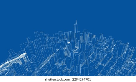 3d Stadtsphäre. Vektorgrafik von 3d. Wire-Frame-Stil. Die Schichten sichtbarer und unsichtbarer Linien sind getrennt