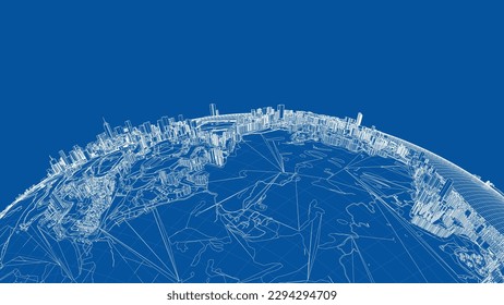 3d Stadtsphäre. Vektorgrafik von 3d. Wire-Frame-Stil. Die Schichten sichtbarer und unsichtbarer Linien sind getrennt