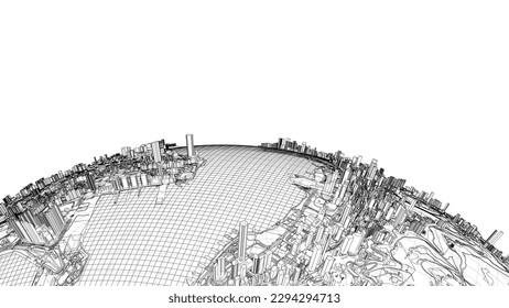 3d city sphere. Vector rendering of 3d. Wire-frame style. The layers of visible and invisible lines are separated