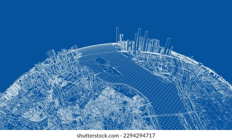 3d city sphere. Vector rendering of 3d. Wire-frame style. The layers of visible and invisible lines are separated