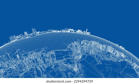 3d city sphere. Vector rendering of 3d. Wire-frame style. The layers of visible and invisible lines are separated