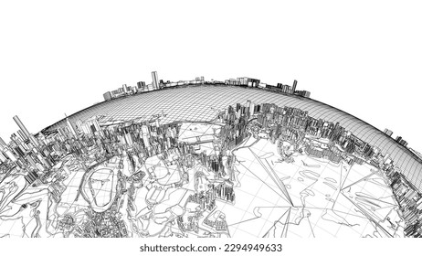 3d city sphere. Vector rendering of 3d. Wire-frame style. The layers of visible and invisible lines are separated