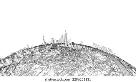 3d city sphere. Vector rendering of 3d. Wire-frame style. The layers of visible and invisible lines are separated