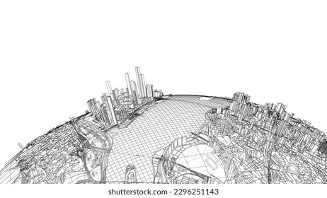 3d city sphere. Vector rendering of 3d. Wire-frame style. The layers of visible and invisible lines are separated