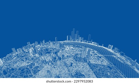 3d city sphere. Vector rendering of 3d. Wire-frame style. The layers of visible and invisible lines are separated