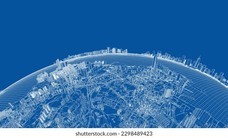 3d city sphere. Vector rendering of 3d. Wire-frame style. The layers of visible and invisible lines are separated