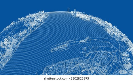3d city sphere. Vector rendering of 3d. Wire-frame style. The layers of visible and invisible lines are separated