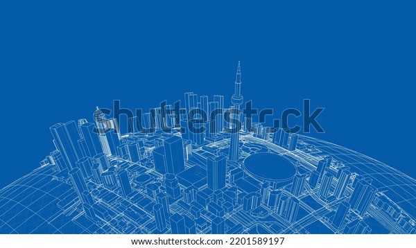 3d city\
sphere. Vector rendering of 3d. Wire-frame style. The layers of\
visible and invisible lines are\
separated