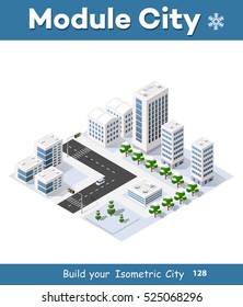 3d cityscape city street public block house from above highway intersection transportation road. Isometric winter landscape of skyscraper view of building office and residential area of construction