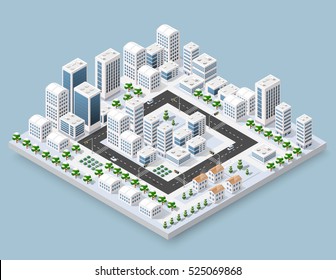 3d Cityscape City Street Public Block House From Above Highway Intersection Transportation Road. Isometric Winter Landscape Of Skyscraper View Of Building Office And Residential Area Of Construction