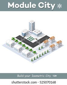 3d cityscape city street public block house from above highway intersection transportation road. Isometric winter landscape of skyscraper view of building office and residential area of construction
