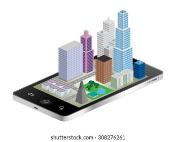 3D cityscape coming out of tablet phone vector illustration