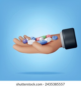 3D Classic Capsule Pill and Tablet Collection in Hand. Render Capsule Tablets Set. Pill for Illness and Pain Treatment. Medical Drug, Vitamin, Antibiotic. Healthcare Pharmacy. Vector Illustration