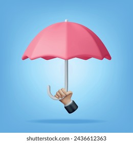 3D Classic Red Umbrella in Hand Isolated. Render Umbrella Personal Accessory. Protection from Rain, Insurance Symbol. Realistic Vector illustration