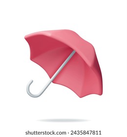 3D Classic Red Umbrella Isolated on White. Render Umbrella Personal Accessory. Protection from Rain, Insurance Symbol. Realistic Vector illustration