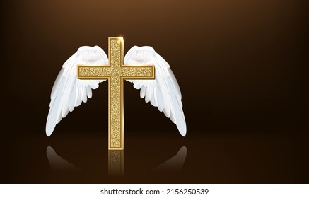 3d classic shape simple golden shiny metal cross with white wings angel.