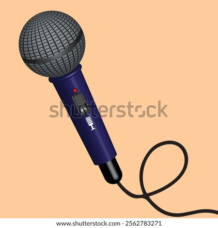 A 3D classic wired microphone with a spherical mesh grille and a dark blue handle features an on or off switch,The microphone is connected to a black cable,isolated on peach color background.Eps 10 