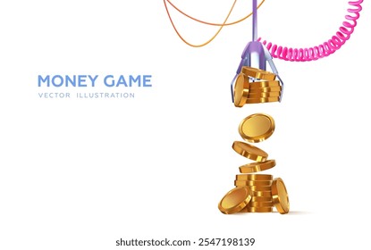 3d claw machine, crane machine slot machine. Gripper arm lifts coins from stack. Winning money. Gold coins. Vector illustration